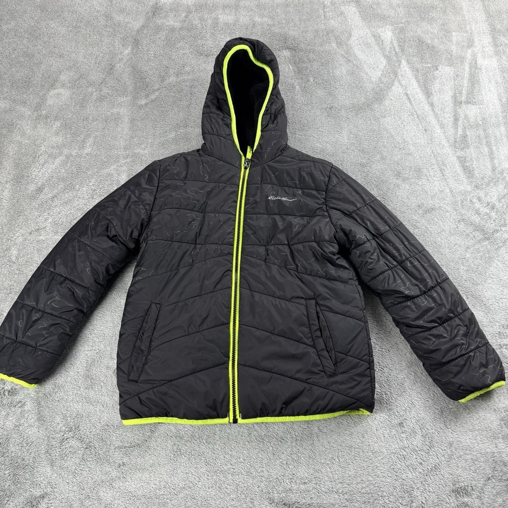 Eddie Bauer Youth Reversible Down Puffer Jacket Black Neon Size M 10/12 Hooded